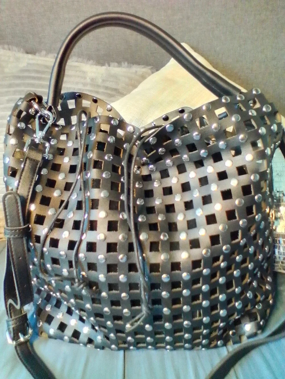 Large Chillx Drawstring Studded Black Women's Handbag with Cutout Design